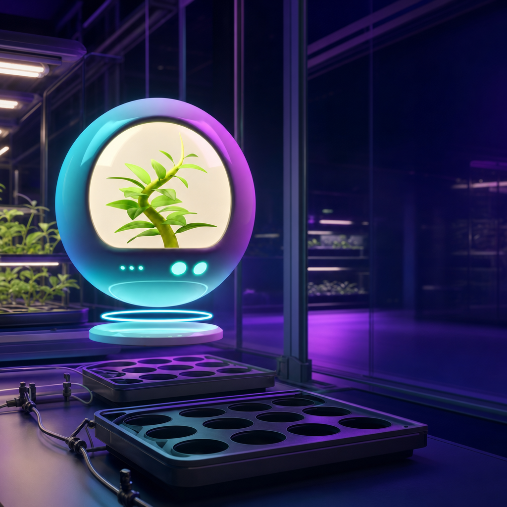 The SEEDLAB chamber glowing inside a night greenhouse, seedling trays waiting below